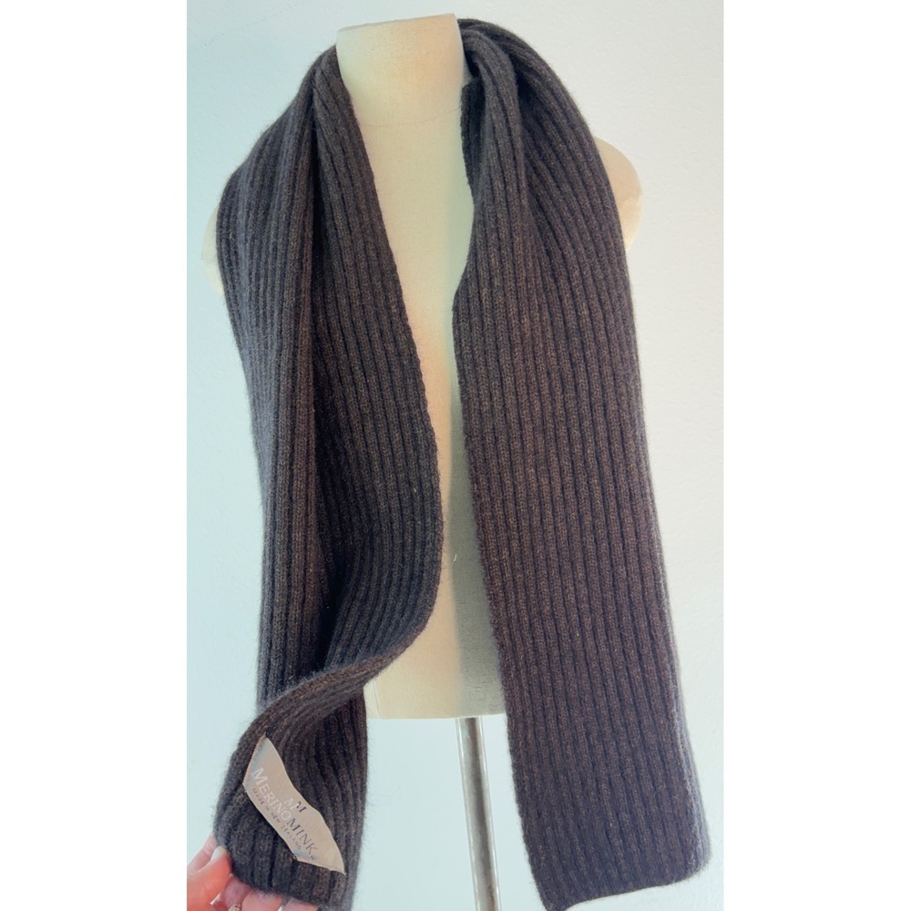 MerinoMink New Zealand Ribbed Knit Scarf Wool Possum Silk Brown Solid Winter